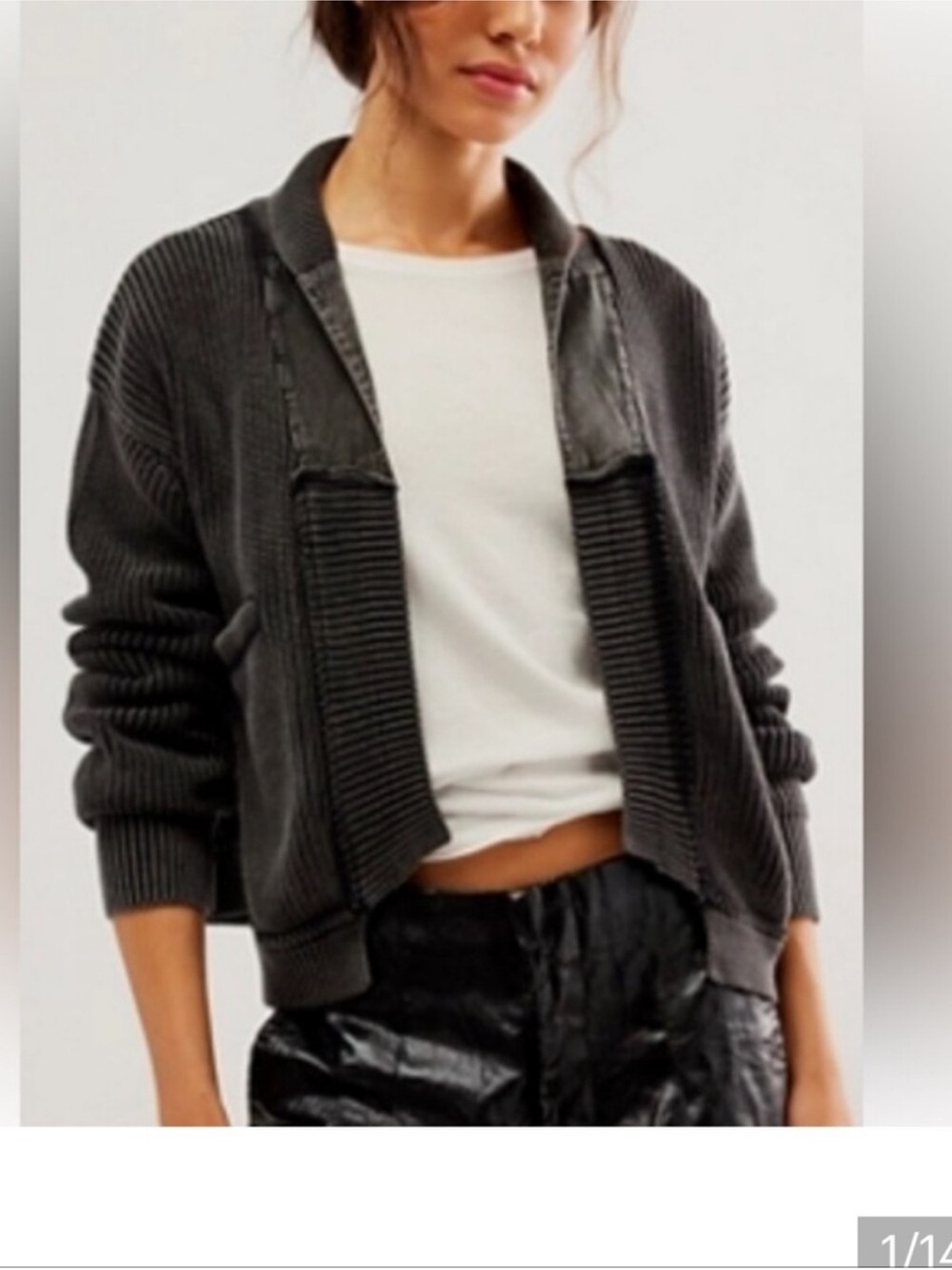 Free People Charcoal Ribbed Open-Front Bomber Jacket